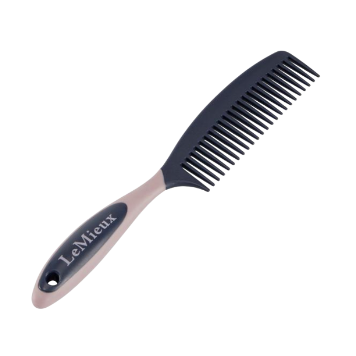 LeMieux AW26 Mane Comb Varient Navy. A wide-tooth comb with a dark navy blue plastic head and a dual-tone handle in navy and dusty pink, featuring the brand name 'LeMieux' printed on the handle.