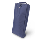A navy blue padded boot bag with a top carry handle and hook, featuring a silver embroidered 'AE' monogram on the upper front, shown on a white background.