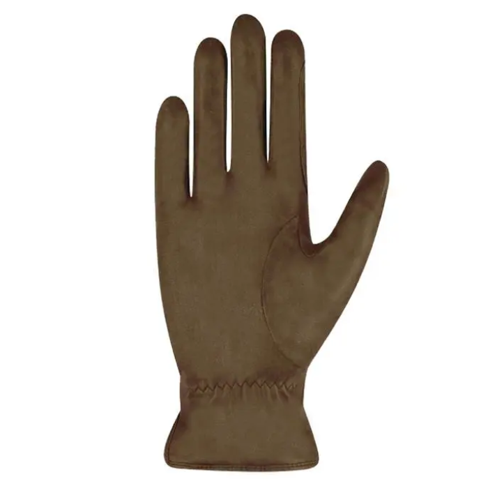 A single brown leather glove shown flat against a plain white background.