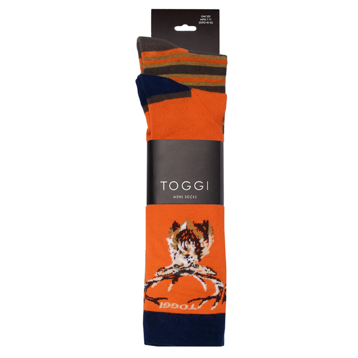 Packaged orange and navy sock with a deer design, featuring the Toggi brand.