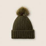 Ariat Woman's Chilton Beanie Varient Olive. Olive beanie with a green pom pom on a beige background. 