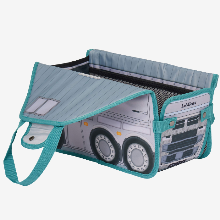 LeMieux AW26 Toy Pony Carry Bag Varient Printed Grey. A fabric travelling lorry carry bag with teal detailing and an adjustable open top. 