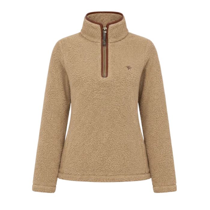 Holland Cooper Ladies Country Fleece Quarter Zip Variant Natural Borg. A women's beige fleece pullover sweater with a brown mock neck collar, a brown zipper, and a small embroidered logo on the left chest, shown against a plain white background.