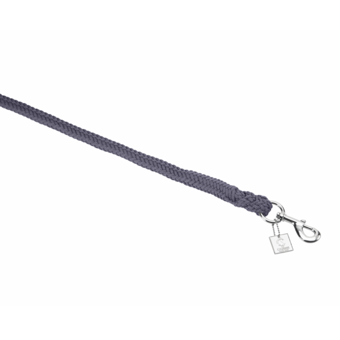 Gray rope with metal clasp on white background