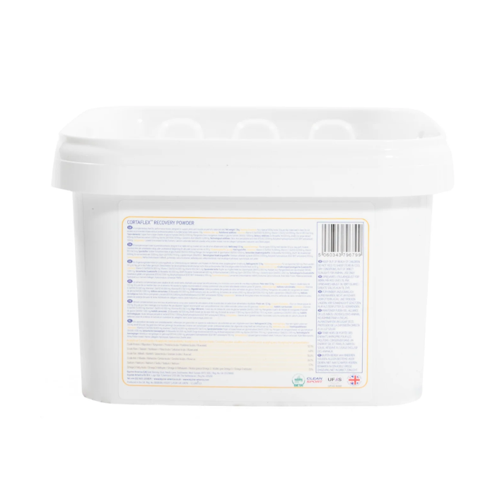 Equine America Cortaflex Recovery Powder Variant 1.5kg. A white plastic tub with a large product information label on the front, shown against a plain white background.
