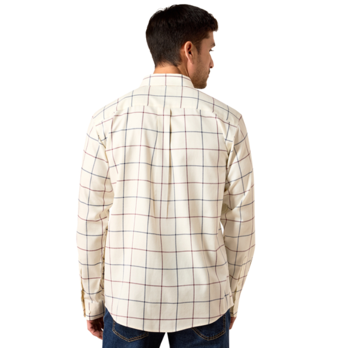 Ariat Men's Clement Long Sleeve Shirt Varient Antique White Plaid. White Plaid shirt from the back on a white background. 