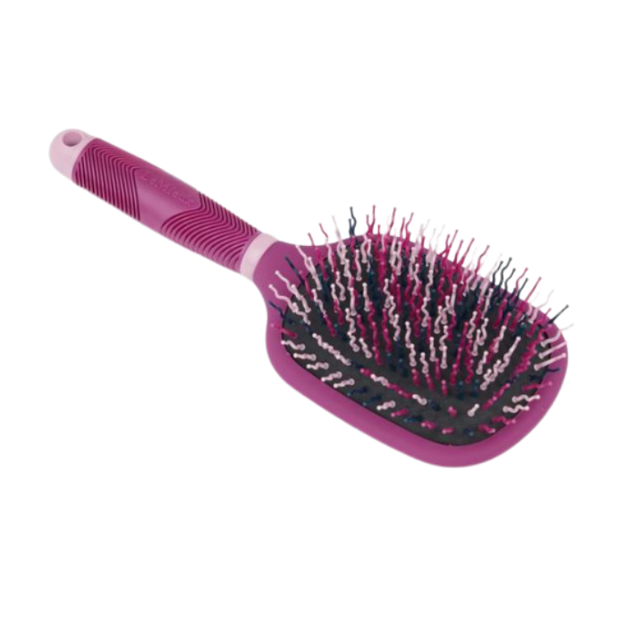 LeMieux AW26 Tangle Tidy Varient Blackberry. A pink and purple paddle hairbrush with multi-colored bristles, shown on a plain white background.