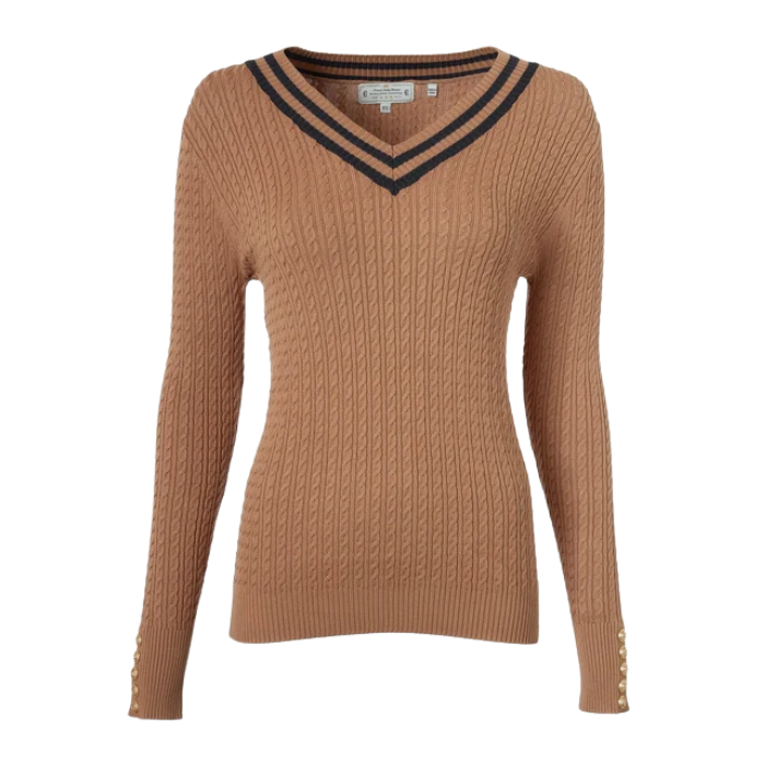 Holland Cooper Zoe Knit Jumper Variant Dark Camel. Dark Camel jumper with gold button detailing against a White background. 