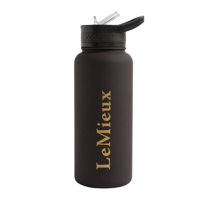LeMieux AW26 Drinks Bottle Varient Cocoa. A matte dark brown insulated water bottle with a black flip-top lid and a clear straw, featuring the brand name 'LeMieux' printed vertically in gold on the front, set against a plain white background.