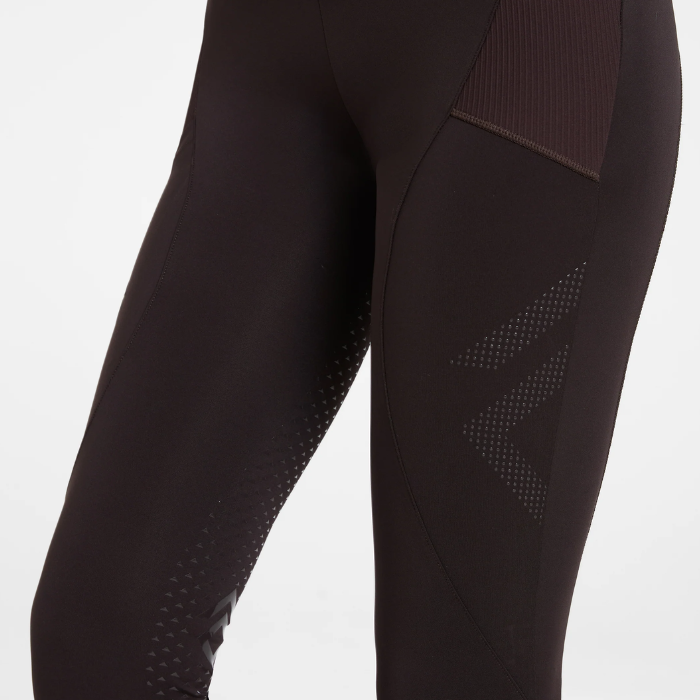 Aztec Diamond AW26 Core Leggings Full Seat Variant Espresso. Close-up of brown athletic leggings with textured paneling and subtle dotted pattern details on a light gray background.