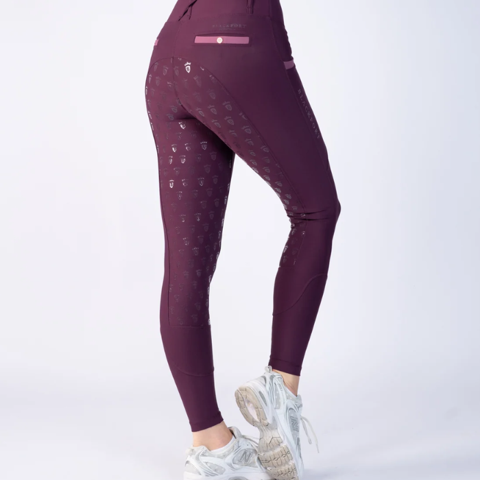 Blackfort AW26 Training Tights 3.0 Variant  Mulberry/ Fig. Mulberry riding tights with fig detailing and a full seat grip against a white background. 