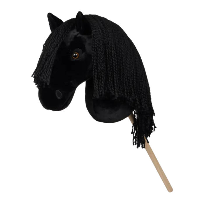 Black horse head with a wooden stick on a white background