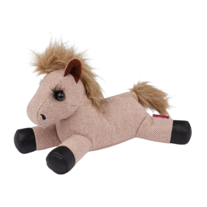 LeMieux AW26 Tiny Beanie Pony Rosie Varient Brown. A plush toy horse lying down, made from a pink and beige herringbone fabric with a tan faux-fur mane and tail, black hooves, and a small red tag on its side.
