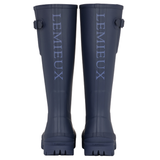 LeMieux AW26 Bramshaw Welly Variant Colour Navy. A Pair of navy wellingtons showing 'LeMieux' brand name down the back on white bacground.