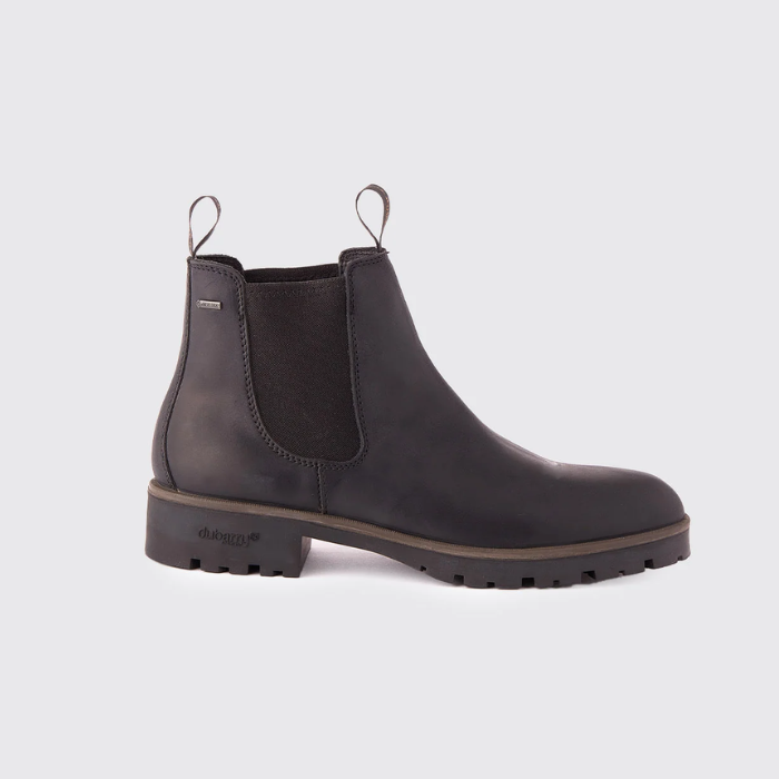 Dubarry Mens Antrim Country Boots Variant Black. A single black Chelsea boot with a low block heel and a small metal pull loop at the back, shown in a side profile on a light gray background.