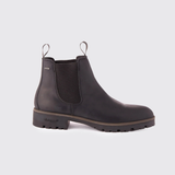 Dubarry Mens Antrim Country Boots Variant Black. A single black Chelsea boot with a low block heel and a small metal pull loop at the back, shown in a side profile on a light gray background.