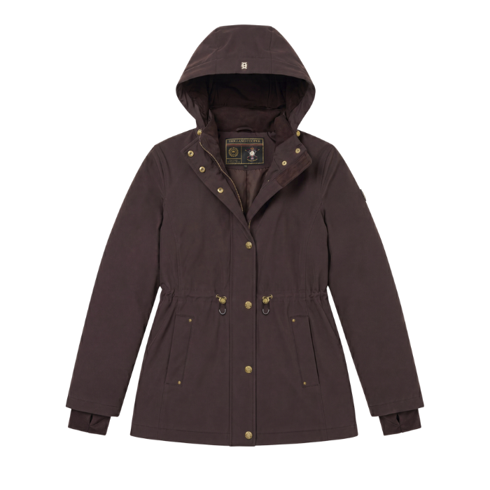 Holland Cooper Essential Waterproof Jacket variant Bournville. A dark brown hooded parka jacket with brass-tone snap buttons and a drawstring waist, shown flat against a white background. The brand label inside the collar reads Barbour.