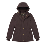 Holland Cooper Essential Waterproof Jacket variant Bournville. A dark brown hooded parka jacket with brass-tone snap buttons and a drawstring waist, shown flat against a white background. The brand label inside the collar reads Barbour.