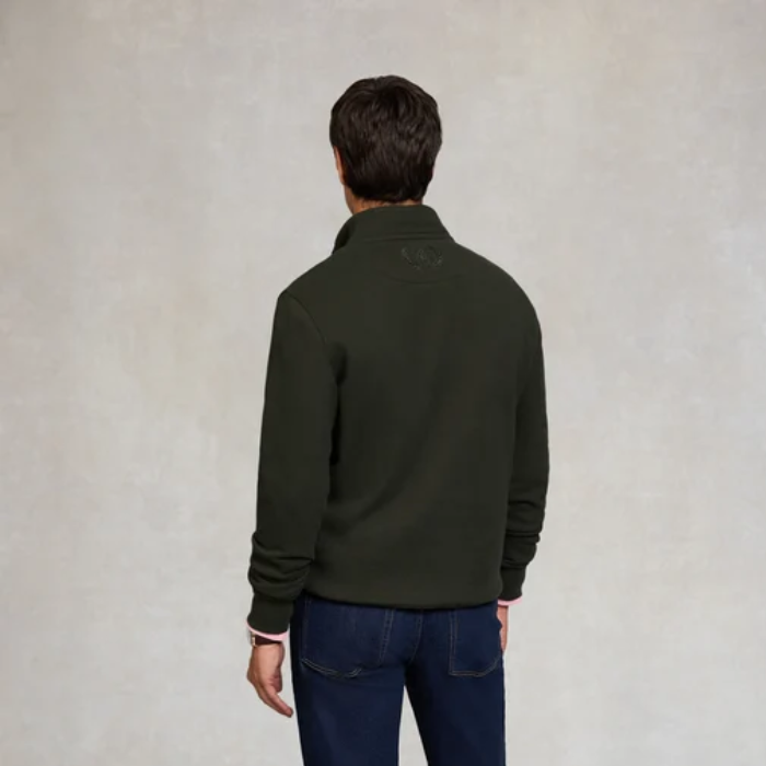 Holland Cooper Quarter Zip Sweat (Men's) Variant Racing Green. Back of man wearing a green jumper with a embroidered logo on the back against a grey background. 