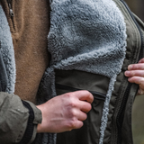 Grey fleece inner lining of a coat