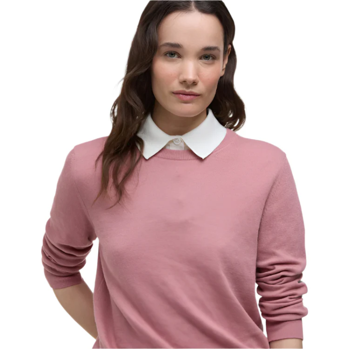 Close up of the Barbour Ladies Lavender Knitted Jumper styled over a white shirt