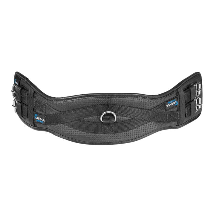 Black equestrian girth strap with brand logos on a white background