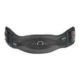 Black equestrian girth strap with brand logos on a white background