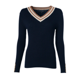 Navy jumper with V neck on white background. Holland Cooper Zoe Knit Jumper Navy