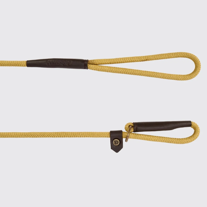 A close-up of a yellow braided rope with dark brown leather looped end caps and a small metal snap detail, shown on a light grey background.