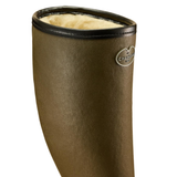 A close-up of a brown leather boot with a beige shearling lining and a silver metal 'Le Chameau' brand badge on the front, set against a plain white background.