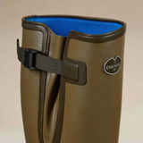 Le Chameau Men's Vierzonord XL Neoprene Lined Boot Variant Vert. Close-up of a Le Chameau rain boot in olive brown with a bright blue interior lining and a black adjustable strap closure.