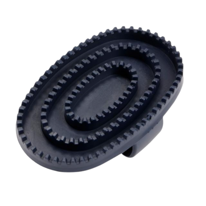 LeMieux AW26 Rubber Curry Comb Varient Navy. A black plastic oval-shaped accessory with a textured, toothed outer edge and a recessed center, shown on a plain white background.