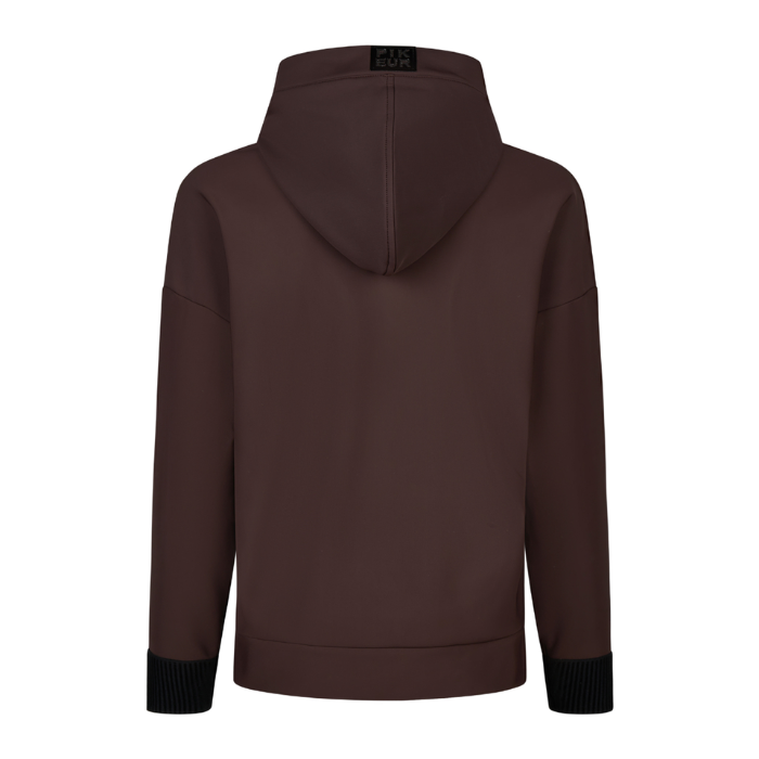 Pikeur AW26 Plushluxe Hoody Variant Chocolate/Brown. A dark brown hooded sweatshirt shown from the back, featuring black ribbed knit cuffs and a small black brand label at the inside of the hood.