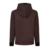 Pikeur AW26 Plushluxe Hoody Variant Chocolate/Brown. A dark brown hooded sweatshirt shown from the back, featuring black ribbed knit cuffs and a small black brand label at the inside of the hood.