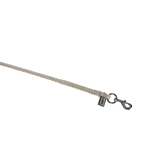 A close-up of a light gray braided rope lead with a black metal swivel snap hook and a small black brand tag, shown on a plain white background.