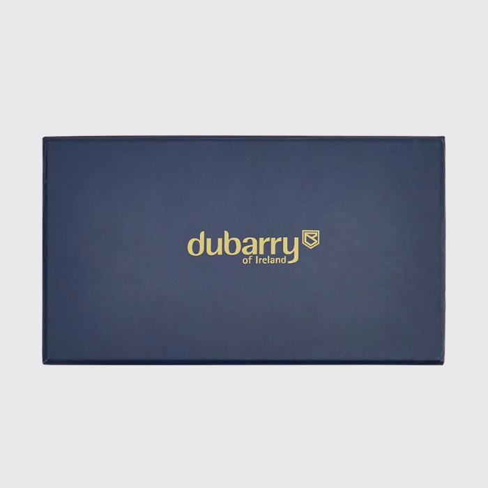 A dark navy blue rectangular presentation box with the brand name 'dubarry of Ireland' printed in gold on the front, set against a light gray background.