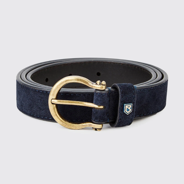 Dubarry Of Ireland Archway Belt Variant Navy. A navy blue suede belt with a polished antique gold buckle and a small shield logo on the keeper, displayed on a light gray background.