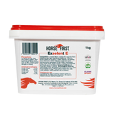 Horse First Exselenit E supplement container with red lid on a white background