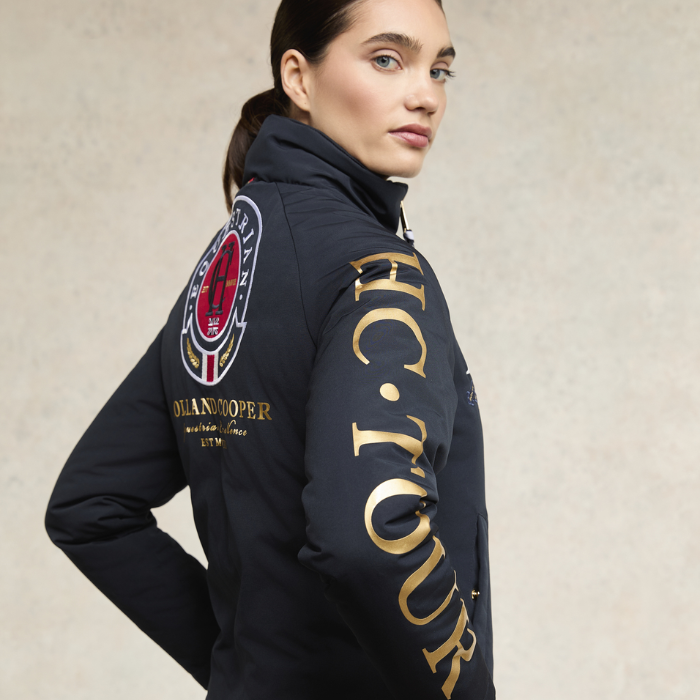 Close up of logo detail on sleeve of Holland Cooper Team HC Jacket in Navy