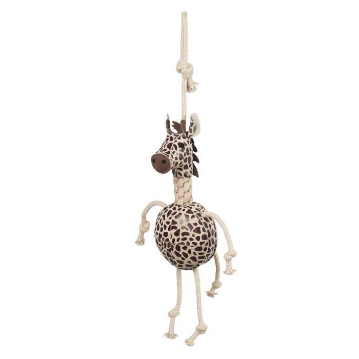 Giraffe-shaped toy hanging from a rope on a white background