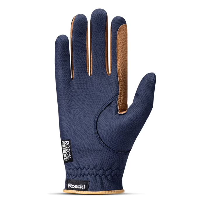 A single navy blue glove with tan textured grip panels on the back of the hand and wrist, shown against a plain white background. The brand name 'Roeckl' is visible on a black label near the cuff.