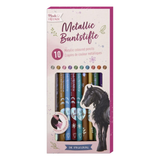 Pack of metallic colored pencils with a horse illustration on a white background