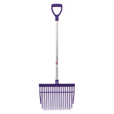 Purple garden rake with a long handle on a white background