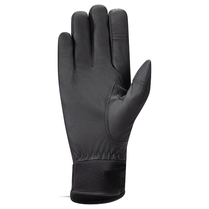 A single black leather glove shown from the back, featuring textured grip panels on the fingertips and palm, set against a plain white background.
