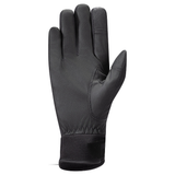 A single black leather glove shown from the back, featuring textured grip panels on the fingertips and palm, set against a plain white background.