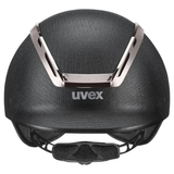 Black helmet with silver visor and Uvex logo on a white background