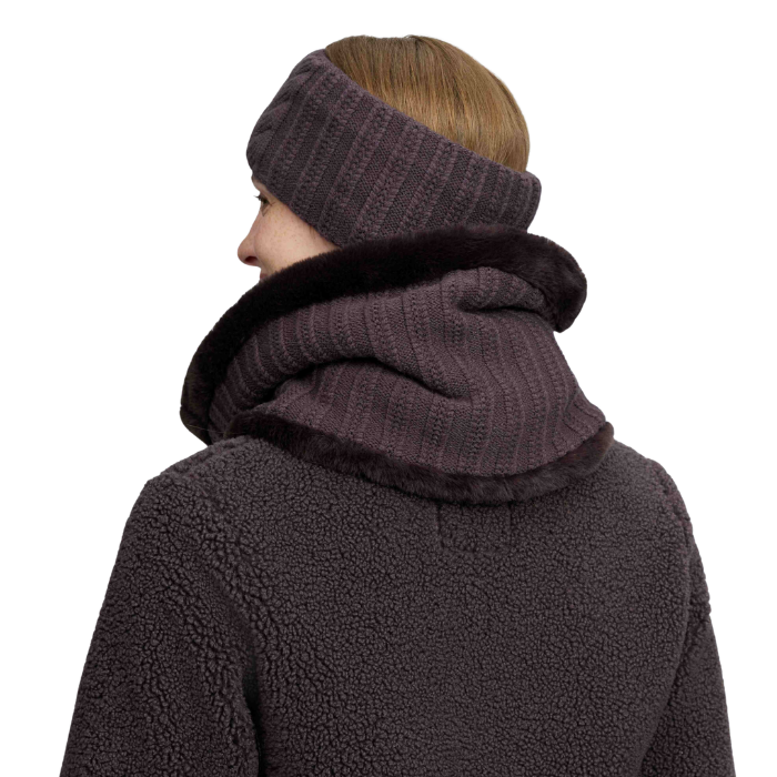 A person shown from the back wearing a dark charcoal ribbed knit headband and matching hooded scarf with a black faux-fur trim, paired with a dark fleece jacket against a plain white background.