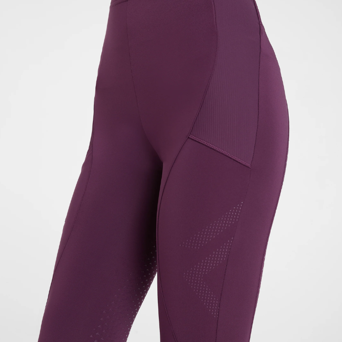 Aztec Diamond AW26 Core Leggings Full Seat Variant Plum. Close-up of a person wearing high-waisted athletic leggings in a deep plum purple color, showing the side and hip details against a plain light gray background.