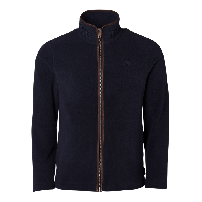 Holland Cooper Country Fleece Jacket (Men's) Variant Navy. Navy long sleeve fleece with brown leather trim detailing on a white background. 