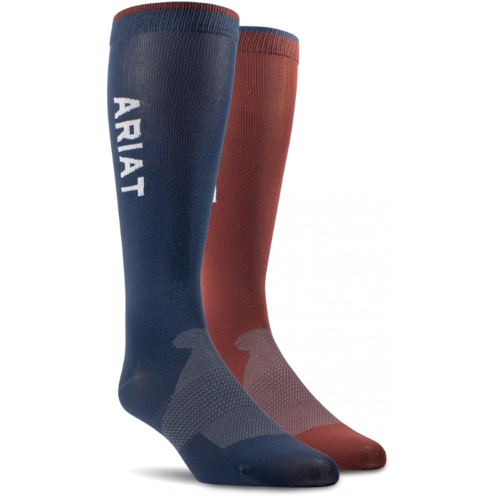 Two pairs of knee-high socks, one blue and one red, with 'Ariat' branding on a white background.